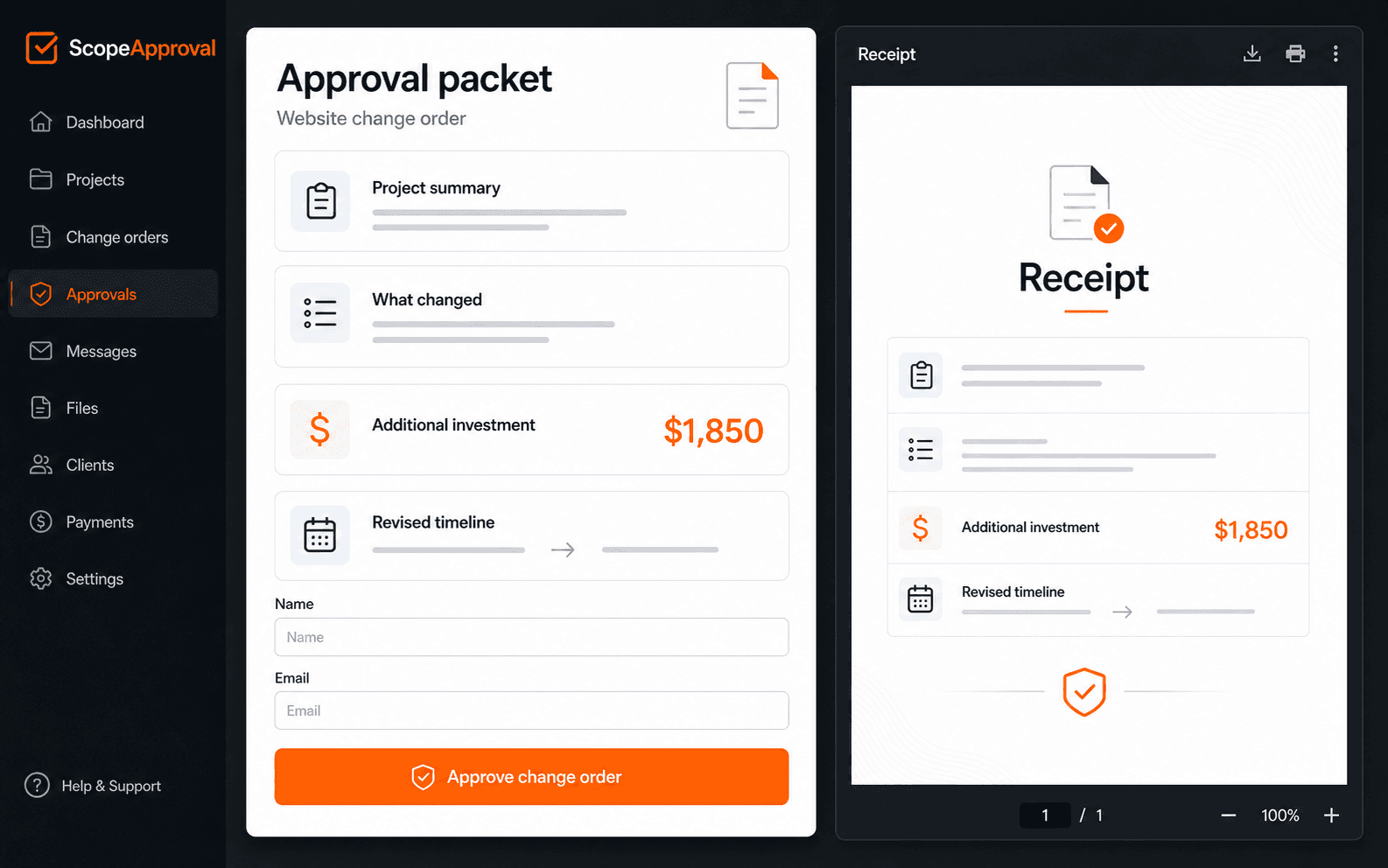 ScopeApproval approval packet and PDF receipt mockup