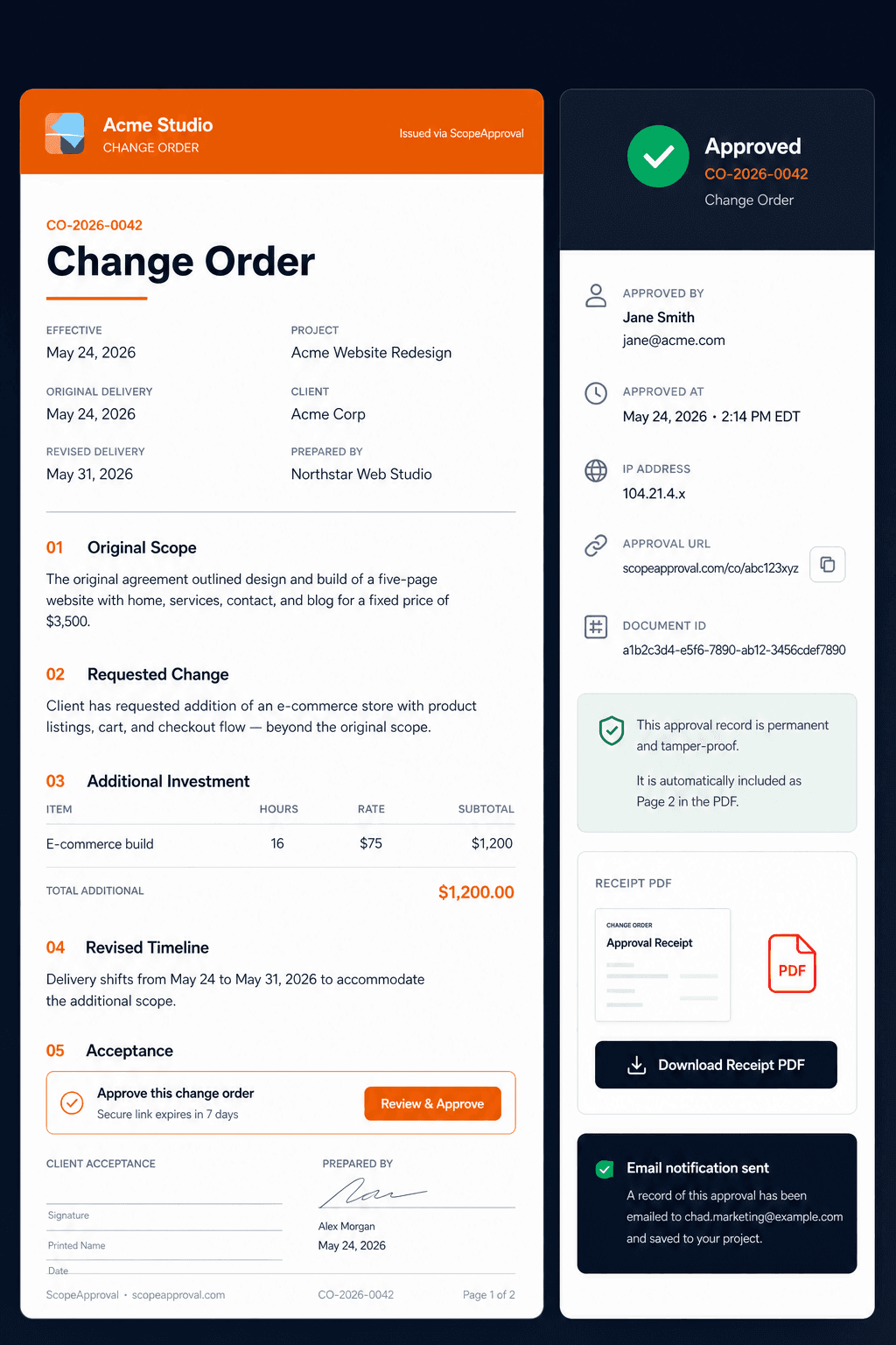 ScopeApproval approval URL and receipt product mockup