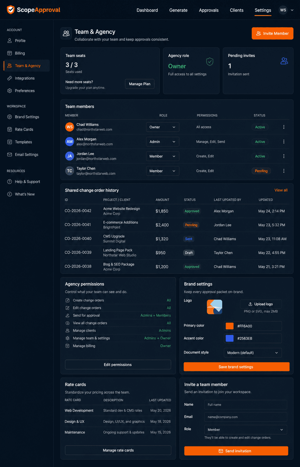 ScopeApproval team collaboration and brand settings product mockup