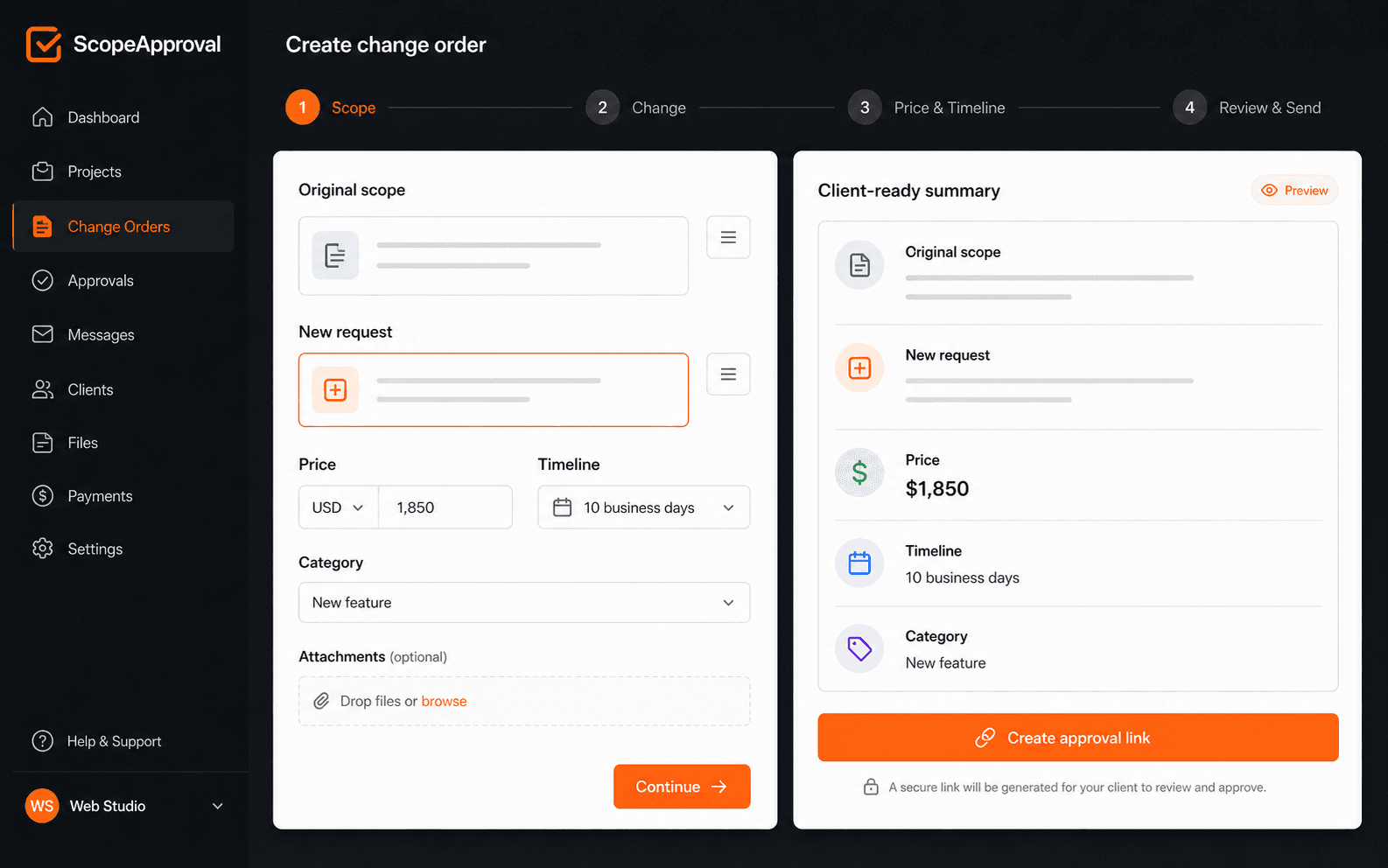 ScopeApproval four-step generate wizard with a live client-ready summary